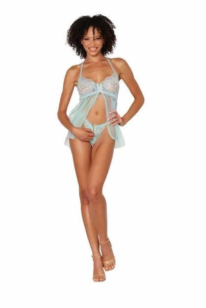 Anal STRETCH LACE BABYDOLL SET W RUFFLE TRIM MINT OS Dream Girl Lingerie