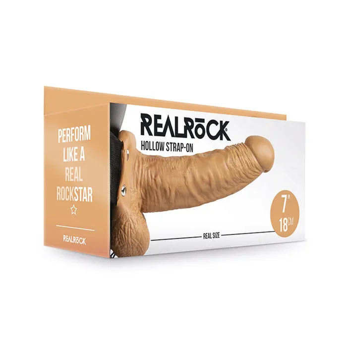 Fairvillacom RealRock 7in Hollow StrapOn WBalls Tan Female Sex Toys