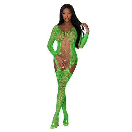 Fairvillacom Vibrators Seamless Fishnet Gartered Catsuit Lime OS
